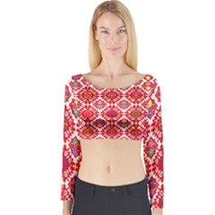 Plaid Red Star Flower Floral Fabric Long Sleeve Crop Top by Mariart