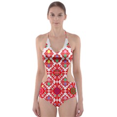 Plaid Red Star Flower Floral Fabric Cut-out One Piece Swimsuit by Mariart