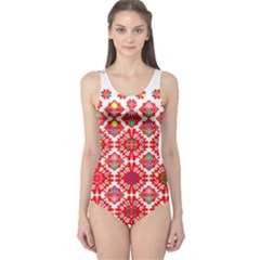 Plaid Red Star Flower Floral Fabric One Piece Swimsuit by Mariart