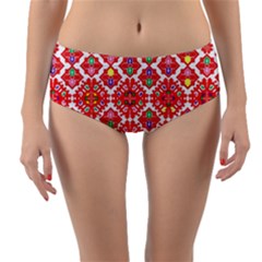 Plaid Red Star Flower Floral Fabric Reversible Mid-waist Bikini Bottoms