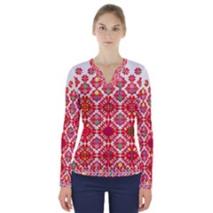 Plaid Red Star Flower Floral Fabric V-neck Long Sleeve Top by Mariart