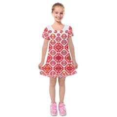 Plaid Red Star Flower Floral Fabric Kids  Short Sleeve Velvet Dress by Mariart