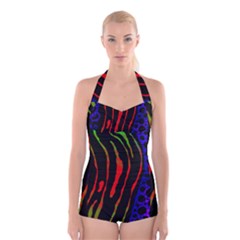 Frog Spectrum Polka Line Wave Rainbow Boyleg Halter Swimsuit  by Mariart