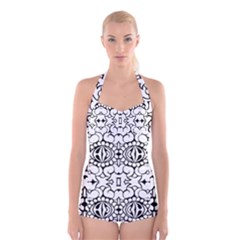 Psychedelic Pattern Flower Crown Black Flower Boyleg Halter Swimsuit 