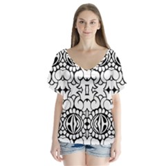 Psychedelic Pattern Flower Crown Black Flower V-neck Flutter Sleeve Top by Mariart