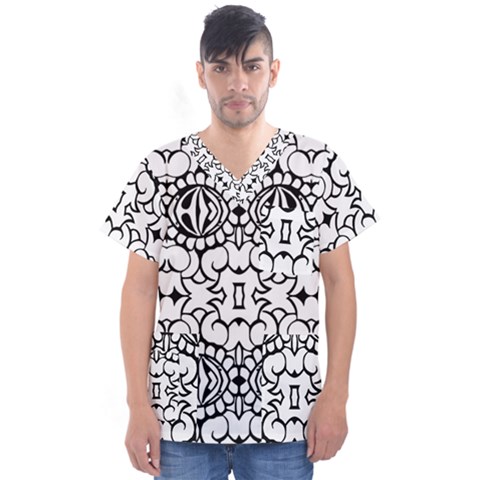 Psychedelic Pattern Flower Crown Black Flower Men s V-neck Scrub Top by Mariart