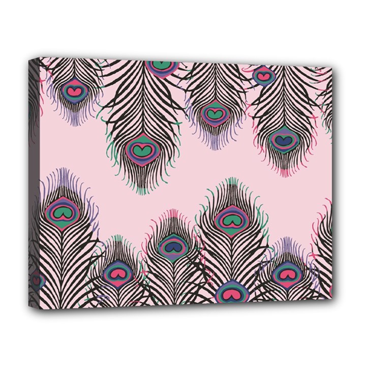 Peacock Feather Pattern Pink Love Heart Canvas 14  x 11 