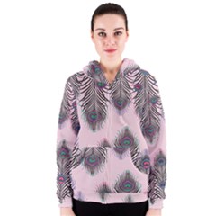 Peacock Feather Pattern Pink Love Heart Women s Zipper Hoodie