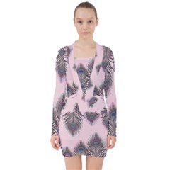 Peacock Feather Pattern Pink Love Heart V-neck Bodycon Long Sleeve Dress by Mariart