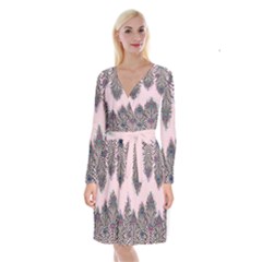 Peacock Feather Pattern Pink Love Heart Long Sleeve Velvet Front Wrap Dress by Mariart