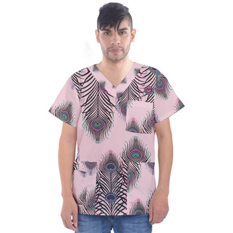 Peacock Feather Pattern Pink Love Heart Men s V-neck Scrub Top by Mariart