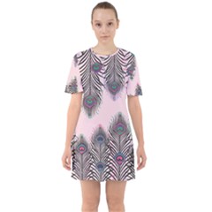 Peacock Feather Pattern Pink Love Heart Sixties Short Sleeve Mini Dress