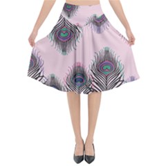 Peacock Feather Pattern Pink Love Heart Flared Midi Skirt by Mariart