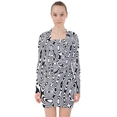 Psychedelic Zebra Black White V-neck Bodycon Long Sleeve Dress