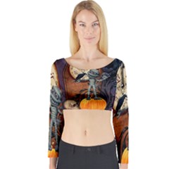 Funny Mummy With Skulls, Crow And Pumpkin Long Sleeve Crop Top by FantasyWorld7