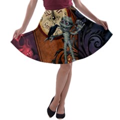 Funny Mummy With Skulls, Crow And Pumpkin A-line Skater Skirt by FantasyWorld7