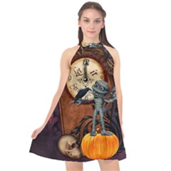 Funny Mummy With Skulls, Crow And Pumpkin Halter Neckline Chiffon Dress  by FantasyWorld7