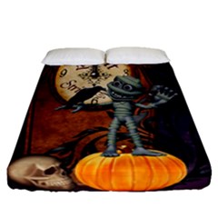 Funny Mummy With Skulls, Crow And Pumpkin Fitted Sheet (queen Size) by FantasyWorld7