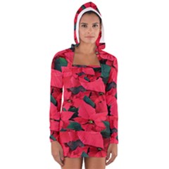 Red Poinsettia Flower Long Sleeve Hooded T-shirt