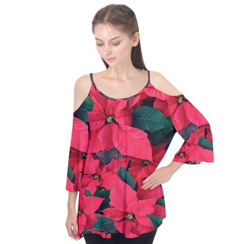 Red Poinsettia Flower Flutter Tees by Mariart