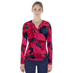 Red Poinsettia Flower V-neck Long Sleeve Top by Mariart