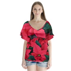 Red Poinsettia Flower V-neck Flutter Sleeve Top by Mariart