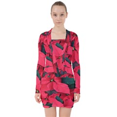 Red Poinsettia Flower V-neck Bodycon Long Sleeve Dress by Mariart