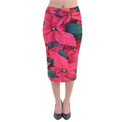 Red Poinsettia Flower Velvet Midi Pencil Skirt by Mariart