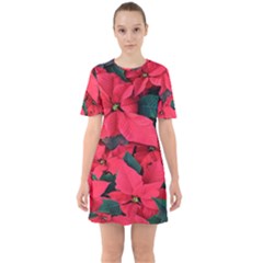 Red Poinsettia Flower Sixties Short Sleeve Mini Dress by Mariart