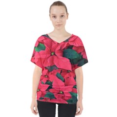 Red Poinsettia Flower V-neck Dolman Drape Top by Mariart