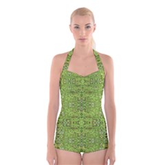 Digital Nature Collage Pattern Boyleg Halter Swimsuit  by dflcprints