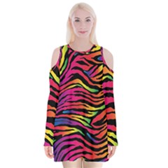 Rainbow Zebra Velvet Long Sleeve Shoulder Cutout Dress