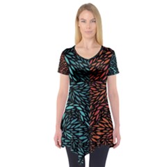 Square Pheonix Blue Orange Red Short Sleeve Tunic  by Mariart