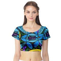 Star Polka Natural Blue Yellow Flower Floral Short Sleeve Crop Top (tight Fit) by Mariart