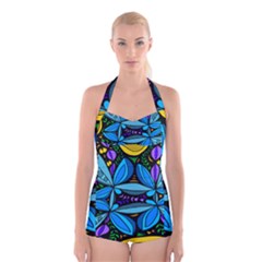 Star Polka Natural Blue Yellow Flower Floral Boyleg Halter Swimsuit  by Mariart