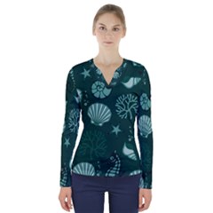 Vector Seamless Pattern With Sea Fauna Seaworld V-neck Long Sleeve Top