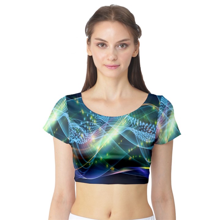 Waveslight Chevron Line Net Blue Short Sleeve Crop Top (Tight Fit)