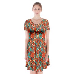 Surface Patterns Bright Flower Floral Sunflower Short Sleeve V-neck Flare Dress