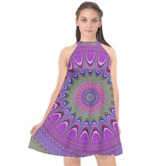 Art Mandala Design Ornament Flower Halter Neckline Chiffon Dress 