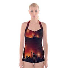 Gold Golden Skyline Skyscraper Boyleg Halter Swimsuit  by BangZart