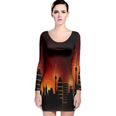 Gold Golden Skyline Skyscraper Long Sleeve Velvet Bodycon Dress by BangZart