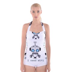 Cute Robot Boyleg Halter Swimsuit  by Valentinaart