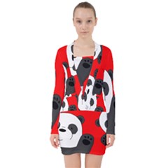 Cute Pandas V-neck Bodycon Long Sleeve Dress