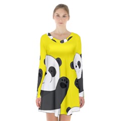 Cute Pandas Long Sleeve Velvet V-neck Dress