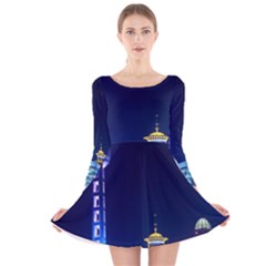 Shanghai Oriental Pearl Tv Tower Long Sleeve Velvet Skater Dress by BangZart