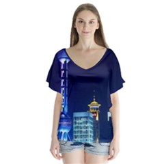 Shanghai Oriental Pearl Tv Tower V-neck Flutter Sleeve Top by BangZart