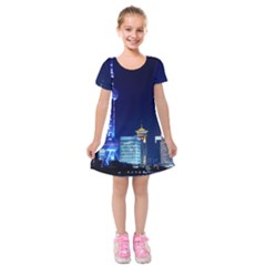 Shanghai Oriental Pearl Tv Tower Kids  Short Sleeve Velvet Dress by BangZart