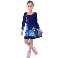 Shanghai Oriental Pearl Tv Tower Kids  Long Sleeve Velvet Dress by BangZart