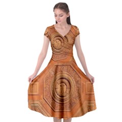 Symbolism Paneling Oriental Ornament Pattern Cap Sleeve Wrap Front Dress