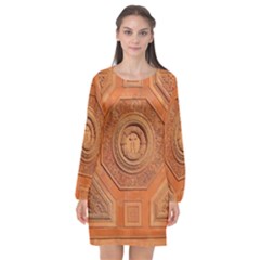 Symbolism Paneling Oriental Ornament Pattern Long Sleeve Chiffon Shift Dress 